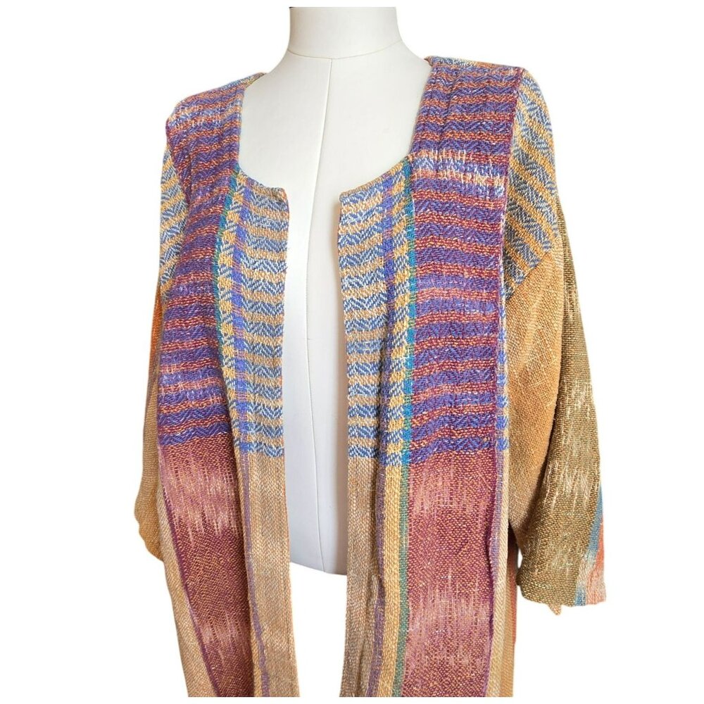 Laise Adzer Cardigan Vintage Handwoven Open Front Draped Geometric Pattern CM205